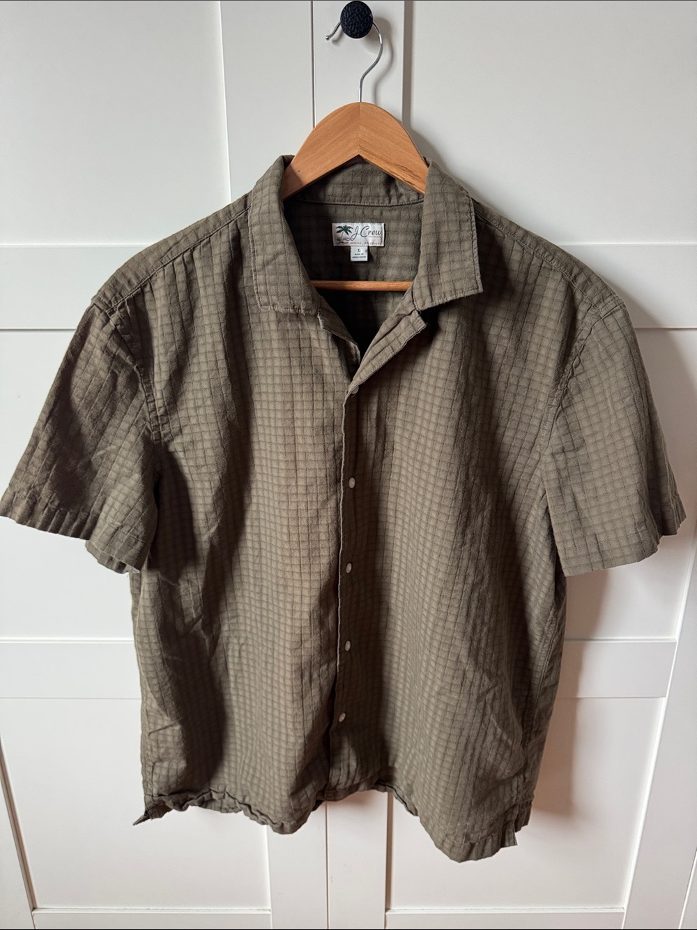 J Crew Olive Linen Short-Sleeve Button-Up Shirt
